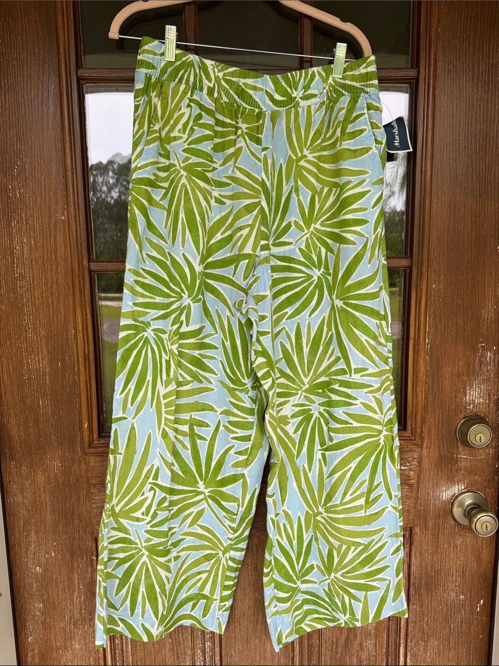 Linen Light Blue & Lime Green Palm Print Wide Leg Pants